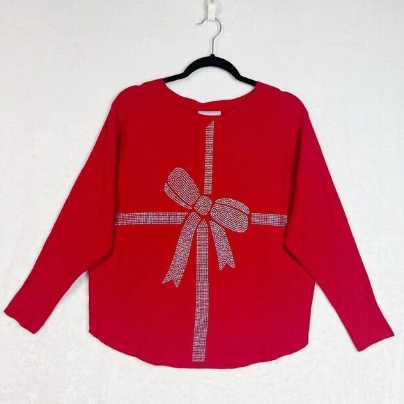 LIV Milano Deep Red Bow Rhinestone Embellished Sweater Dolman Sleeve Size L NWT - Picture 5 of 9